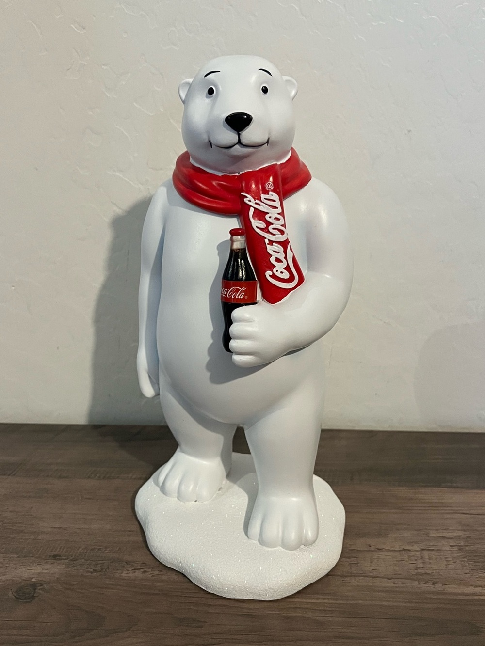 Coca-Cola White Polar Bear with Red Scarf and Bottle Resin Statue Christmas 12”